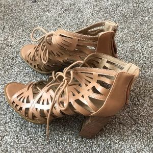 Tan lace wedge heels